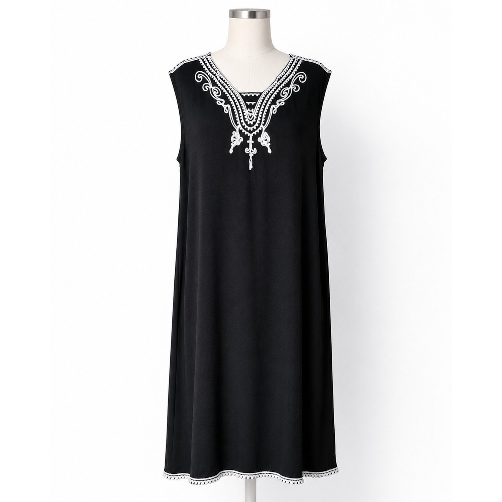 Alfani Black White Embroidered Sleeveless Tunic Dress Estimated XL Pom Trim Boho